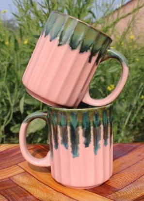 Pink Colour Gloss Finish Round Line Shape 2 Piec Ceramic Coffee Mug (300 ml, Pack of 2)