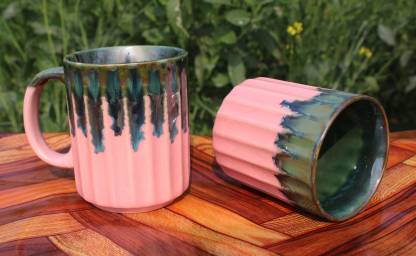 Pink Colour Gloss Finish Round Line Shape 2 Piec Ceramic Coffee Mug (300 ml, Pack of 2)
