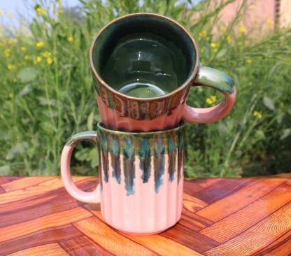 Pink Colour Gloss Finish Round Line Shape 2 Piec Ceramic Coffee Mug (300 ml, Pack of 2)