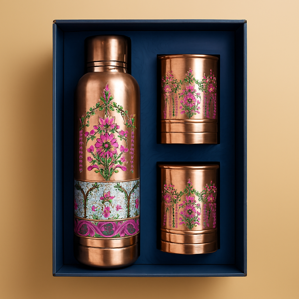 Handcrafted Copper Bottle with Matching Glasses – Floral Design