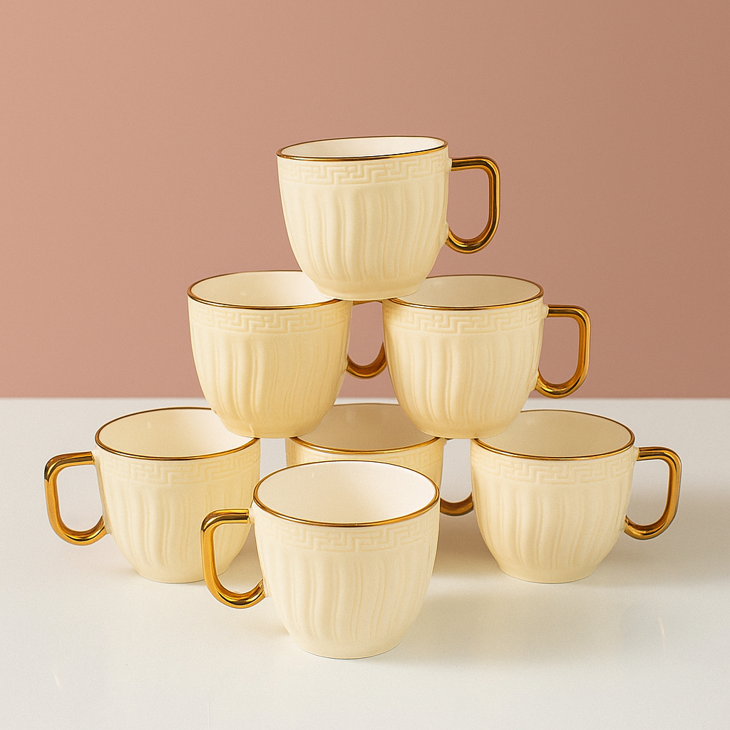 Elegant Ivory Ceramic Tea Cups with Golden Handle – Set of 6