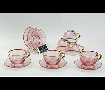 Pink With Gold Line Set of 12,220ml With Wooden Gold Box 6cups+6saucers