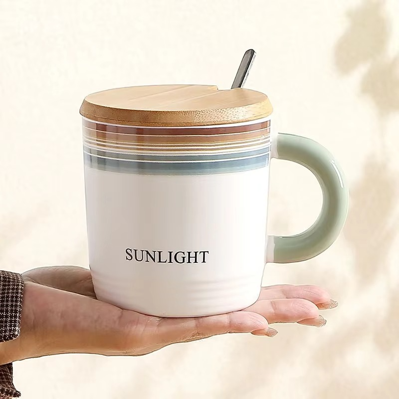 Geometric Pattern Ceramic Tea & Coffee Mug with Wood Lid