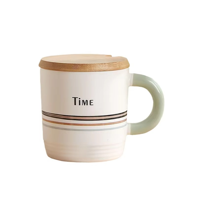 Geometric Pattern Ceramic Tea & Coffee Mug with Wood Lid
