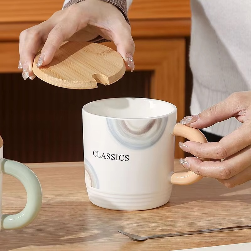 Geometric Pattern Ceramic Tea & Coffee Mug with Wood Lid