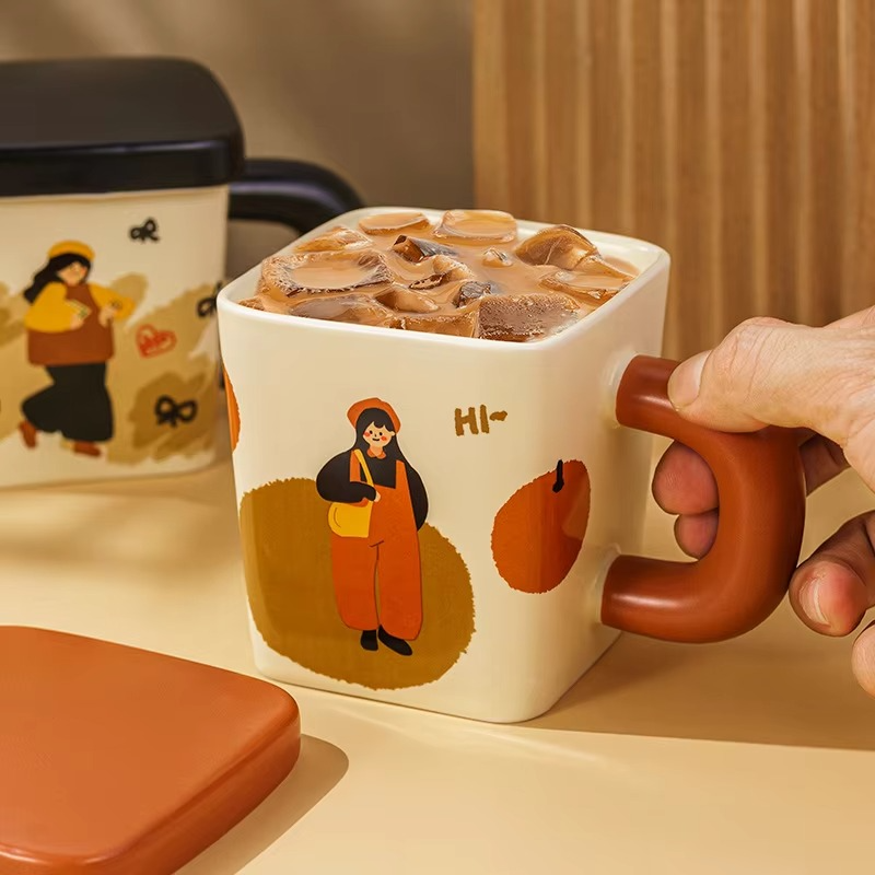 New Cute Ceramic square Couple Cup with Lid 380ml