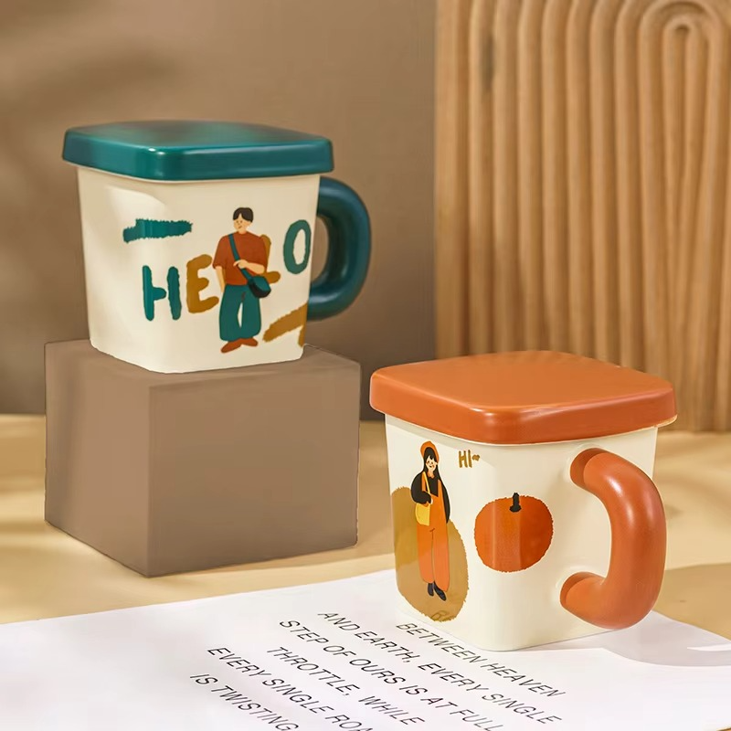 New Cute Ceramic square Couple Cup with Lid 380ml