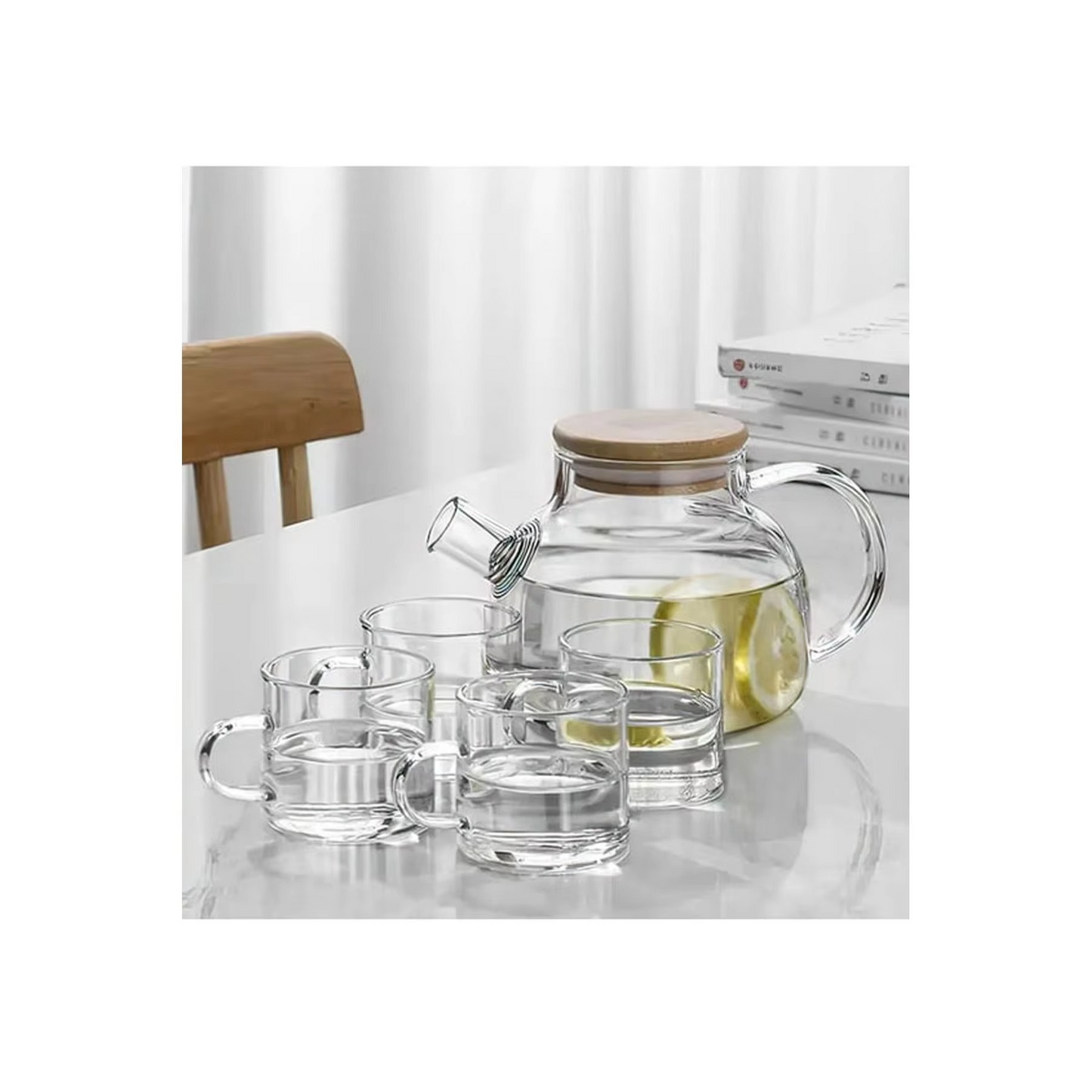 Glass Tea Kettle Set with Wooden Lid and 6 Tea Cups