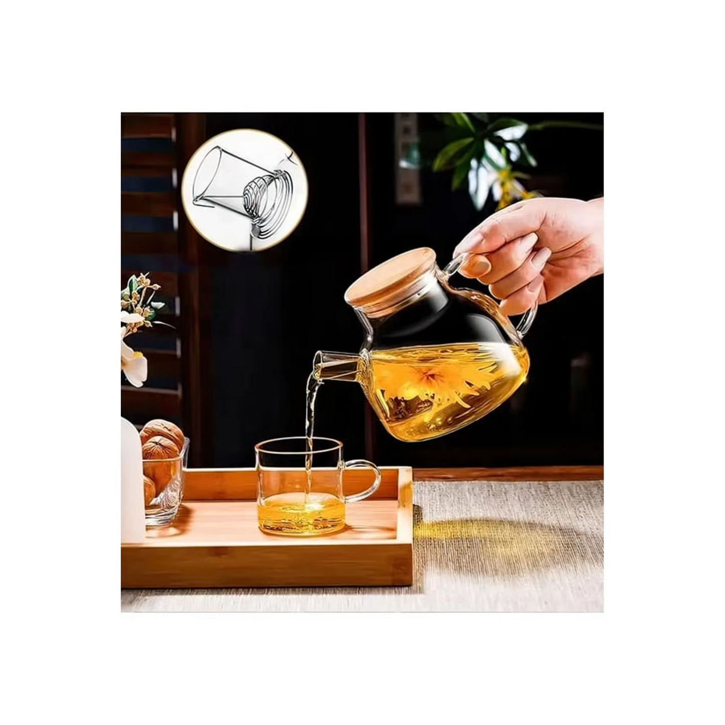 Glass Tea Kettle Set with Wooden Lid and 6 Tea Cups