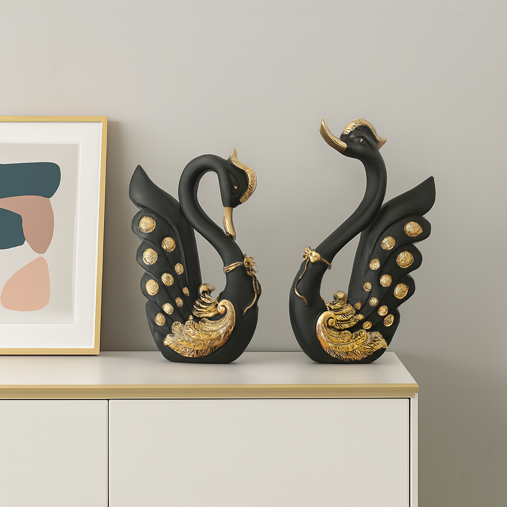 Elegant Black & Gold Swan Couple Figurines