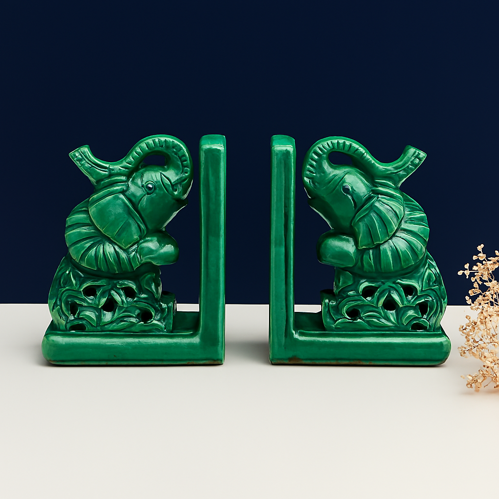 Green Elephant Ceramic Bookends – Symbol of Wisdom and Strength