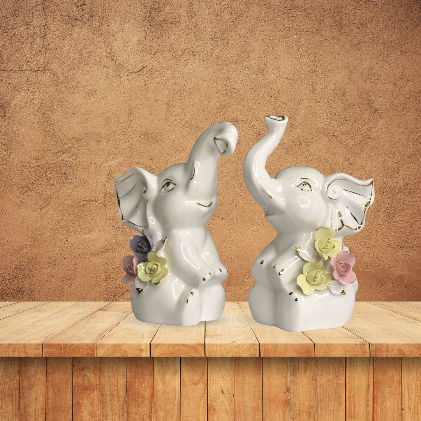 Ceramic Elephant Couple Showpiece with Floral Detail