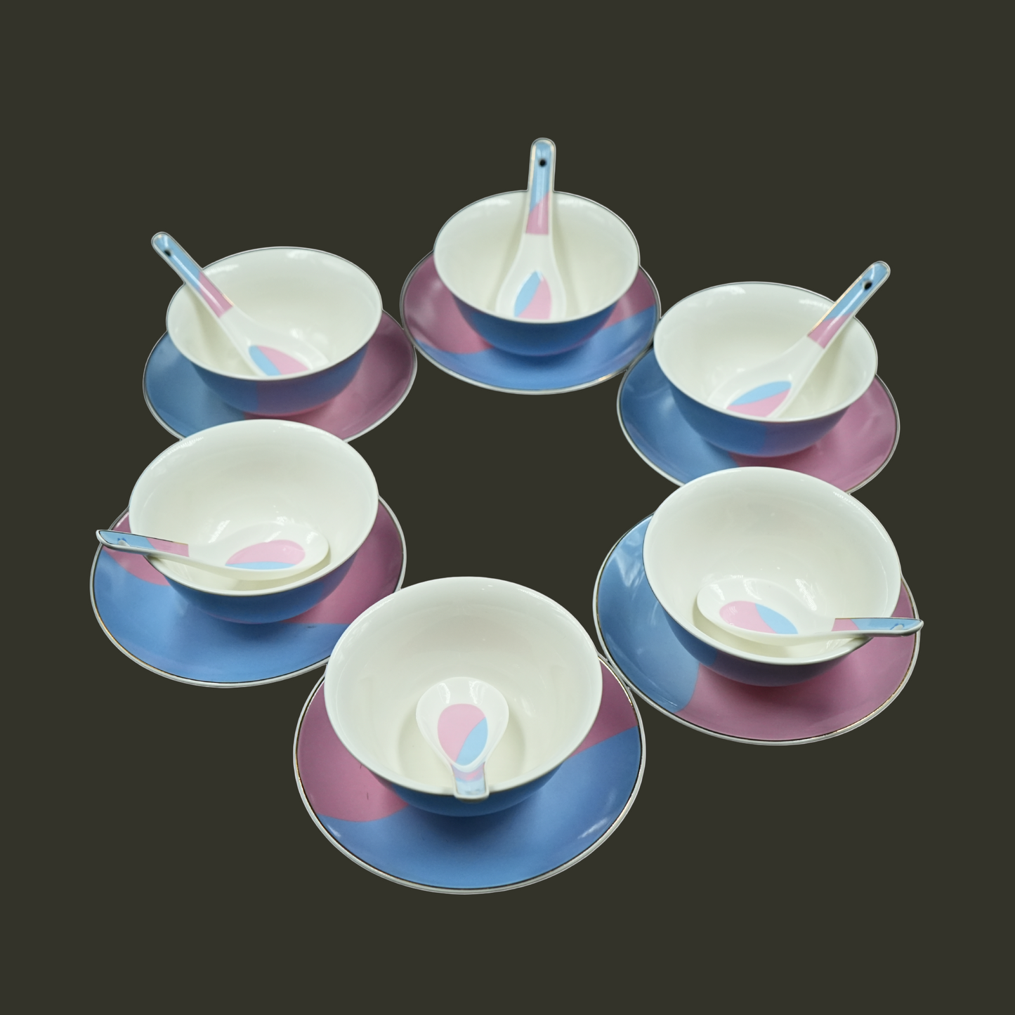Pastel Ceramic Soup Bowl Set (with Spoons & Tray)