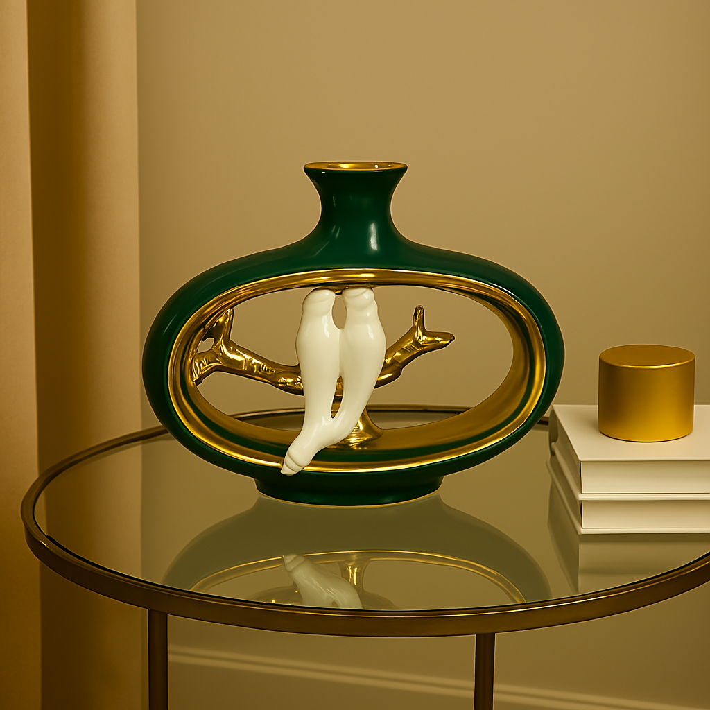 Green & Gold Lovebird Vase – Elegant Ceramic Decor