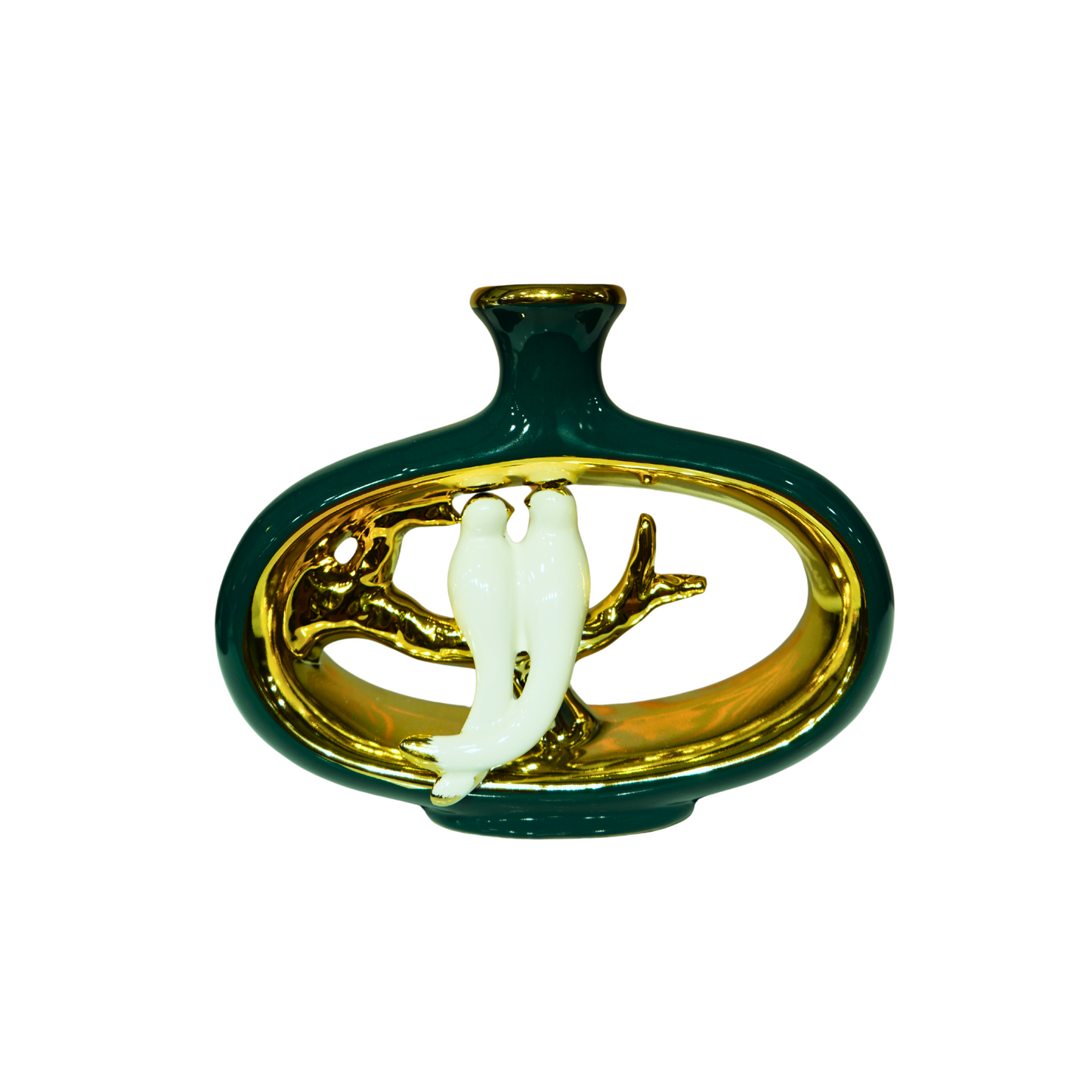 Green & Gold Lovebird Vase – Elegant Ceramic Decor