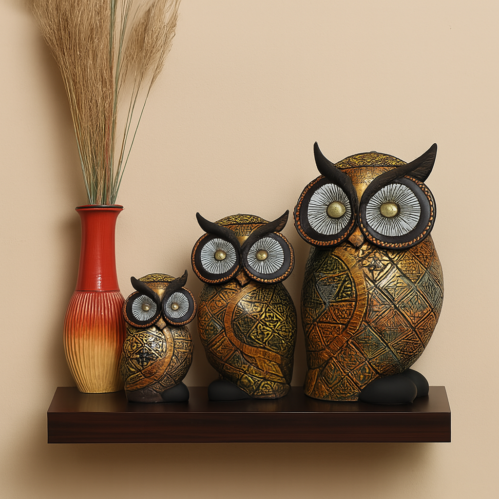 Set of 3 Golden and Black Decorative Owl Figurines