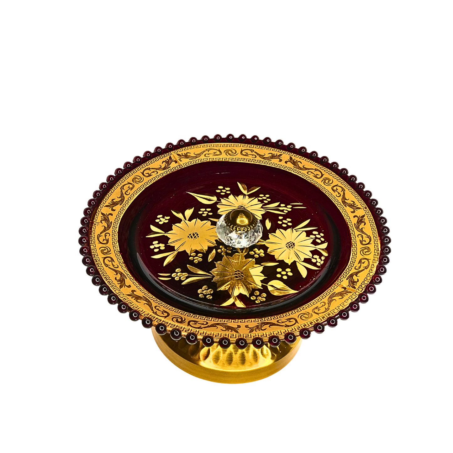 Regal Golden Decorative Platter with Crystal Knob – Premium Pedestal Plate