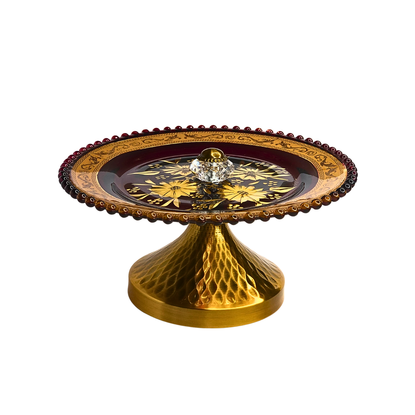 Regal Golden Decorative Platter with Crystal Knob – Premium Pedestal Plate