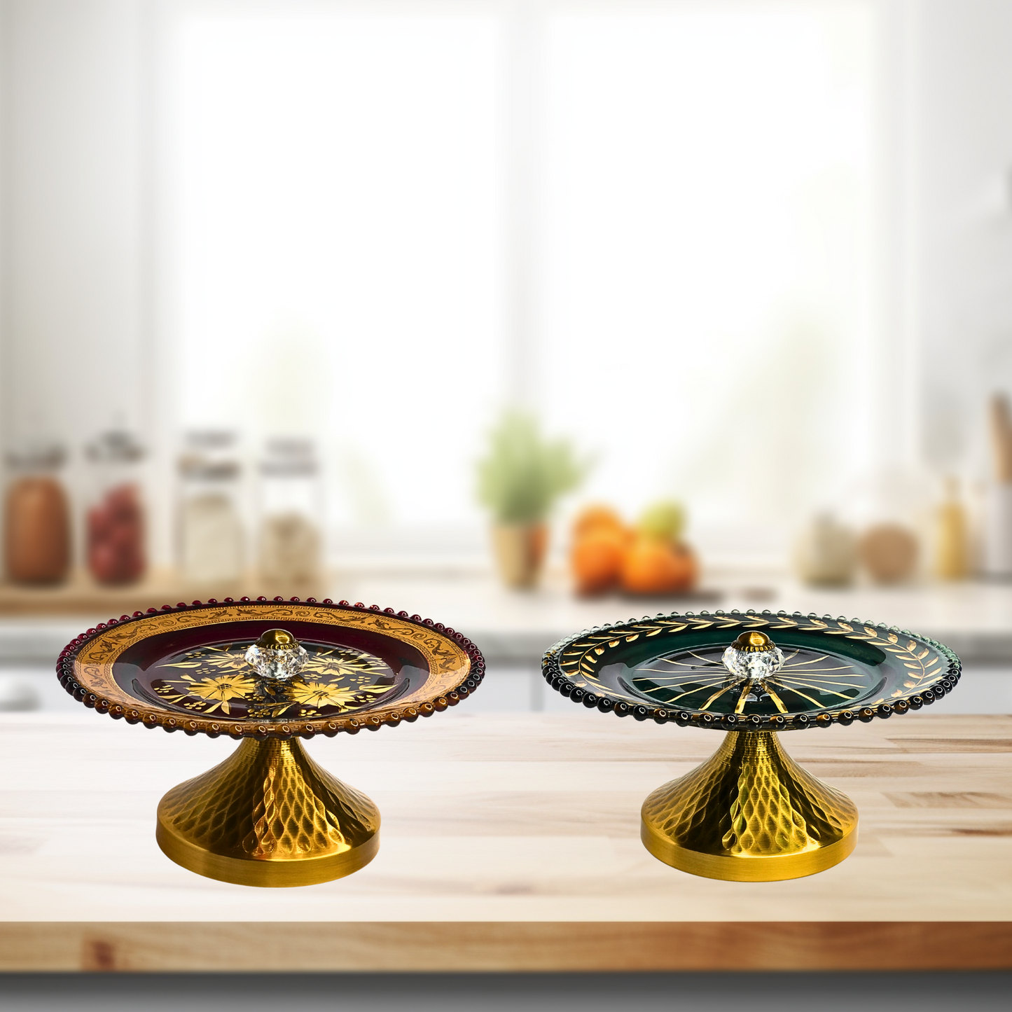 Regal Golden Decorative Platter with Crystal Knob – Premium Pedestal Plate