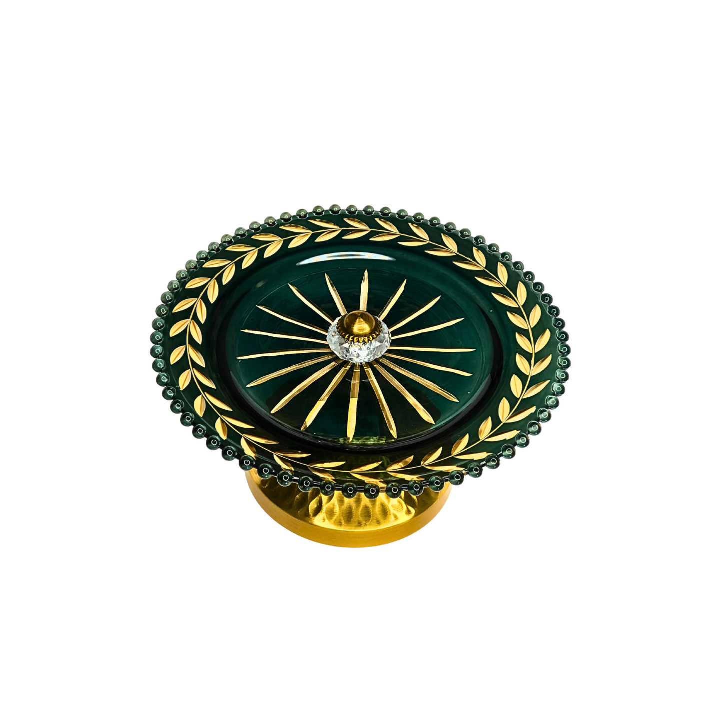 Regal Golden Decorative Platter with Crystal Knob – Premium Pedestal Plate