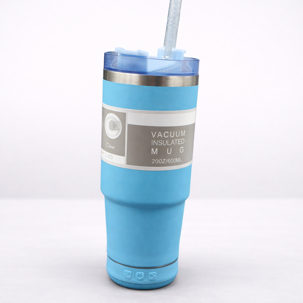 Blue vacuum insulated mug with a straw on a bluetooth