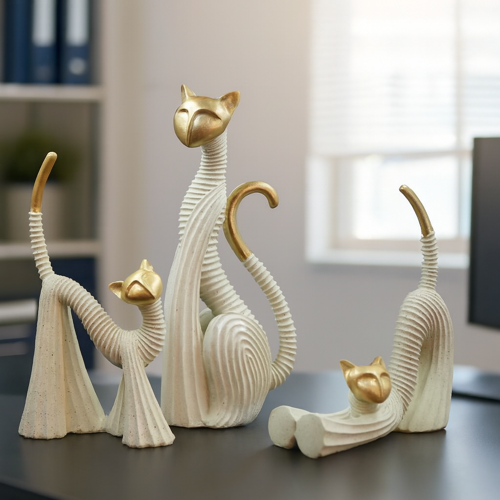 Elegant Golden Cat Family Figurines