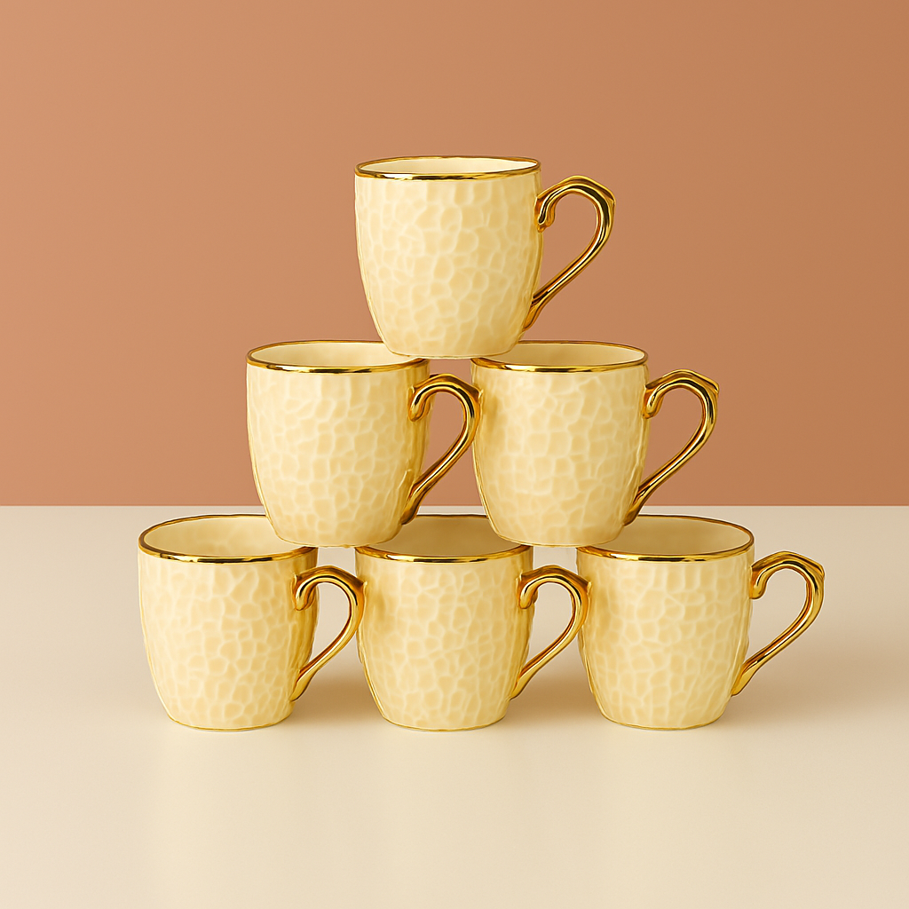 Elegant Textured Green Mug Set with Golden Handle – 6 Pieces