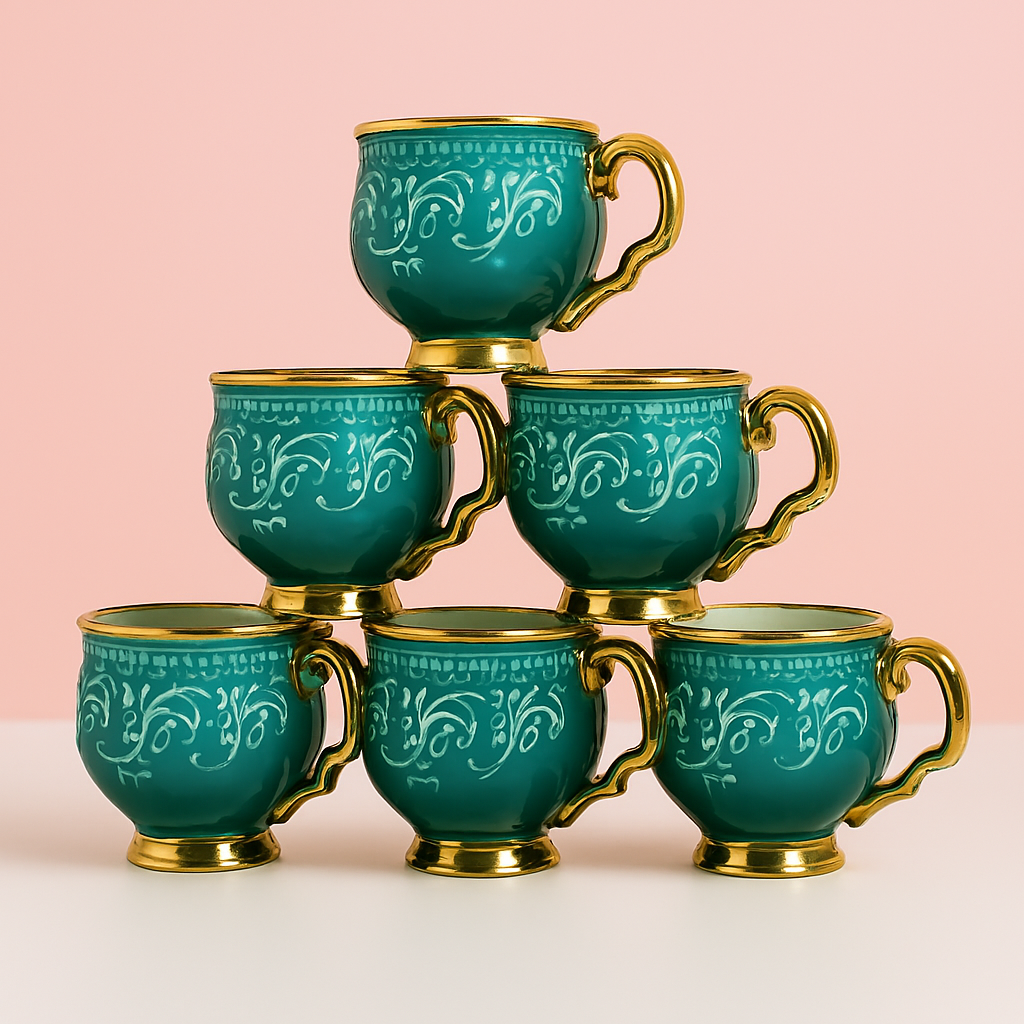 Royal Luxury Ceramic Mug Set with Golden Detailing – Set of 6
