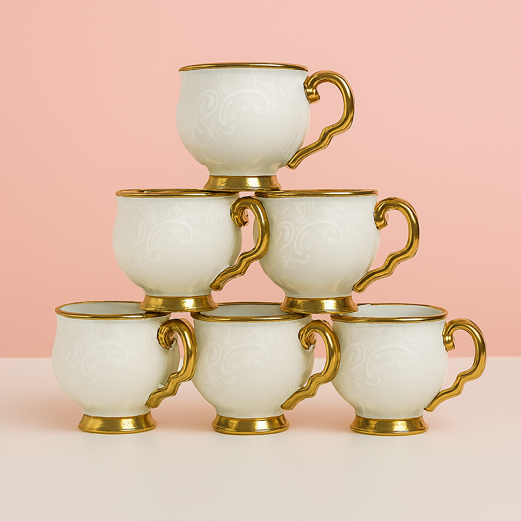 Royal Luxury Ceramic Mug Set with Golden Detailing – Set of 6
