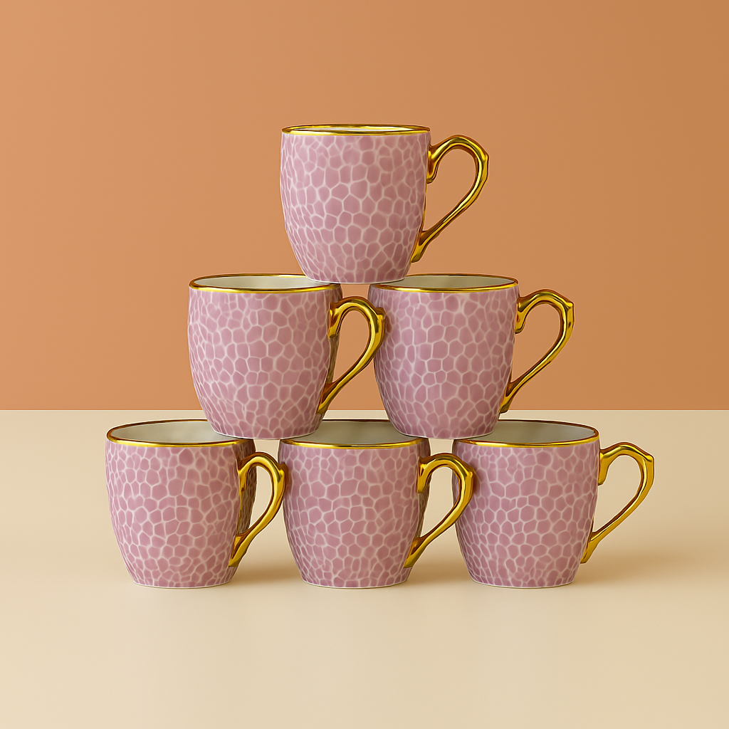 Elegant Textured Green Mug Set with Golden Handle – 6 Pieces