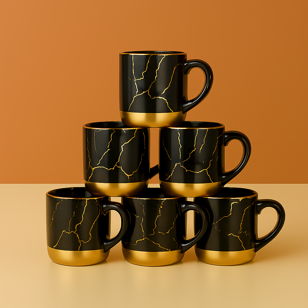 Luxury Grey & Gold Marble Ceramic Mug Set – 6 Pcs