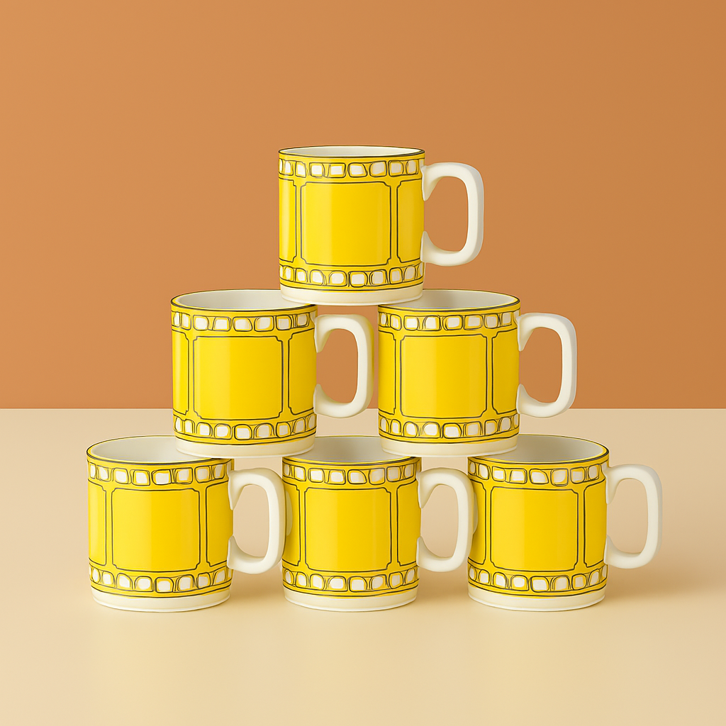 Vibrant Yellow Ceramic Mug Set with Geometric Border Design – Set of 6
