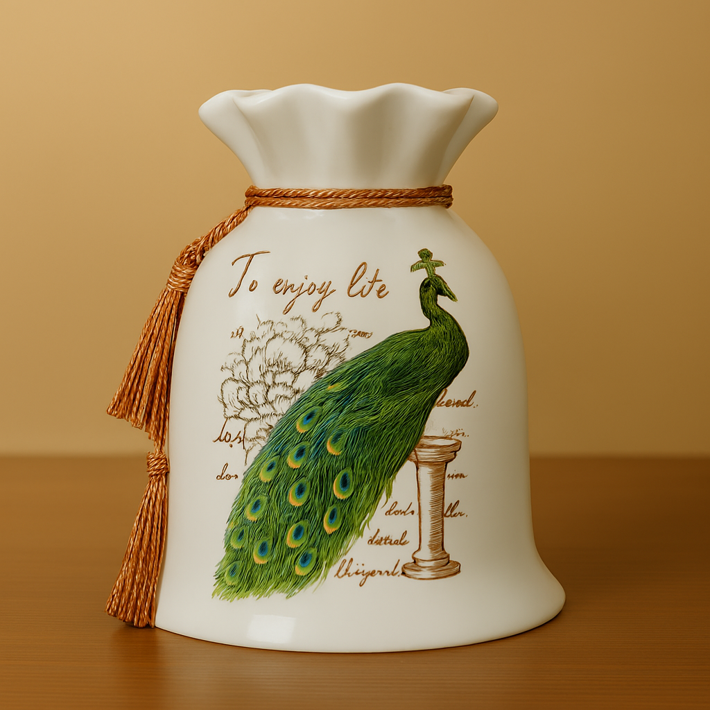 Ceremic Set of 3 Peacock Vase and Plate