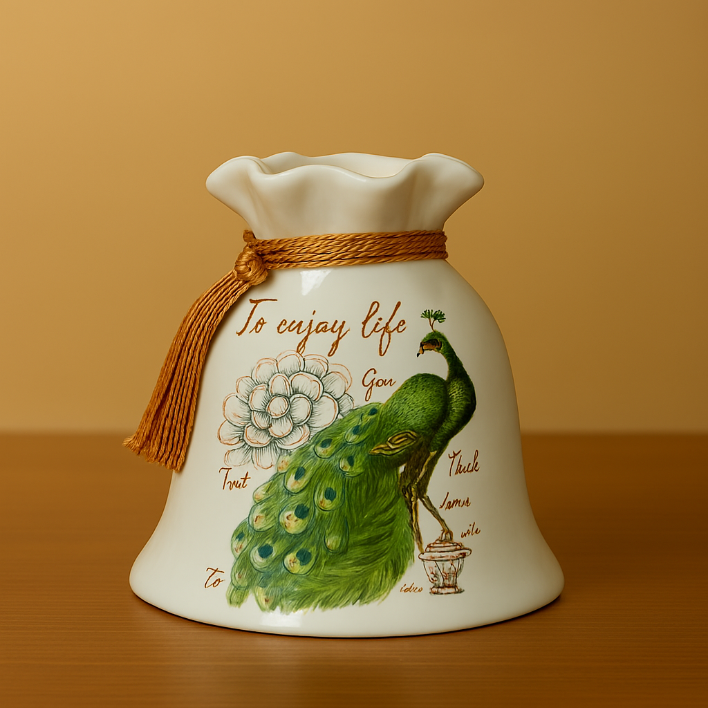 Ceremic Set of 3 Peacock Vase and Plate
