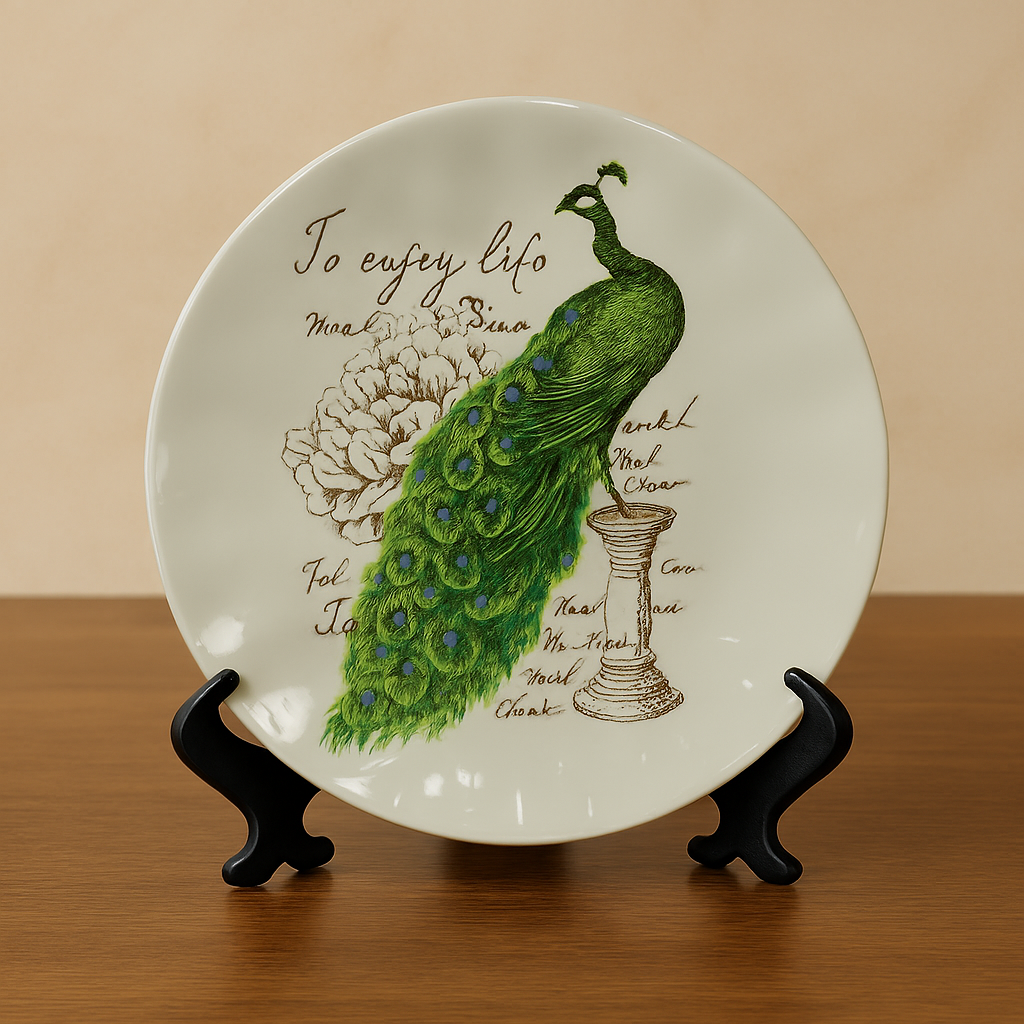 Ceremic Set of 3 Peacock Vase and Plate