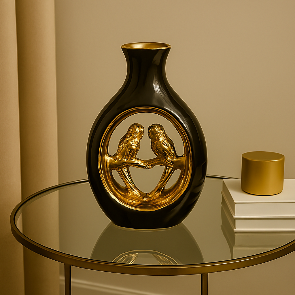 Elegant Black & Gold Vase with Lovebird Design