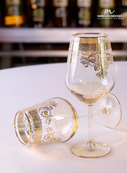 Azade Gold 450ml Wine Glasses With Embossed Gold Set of 6