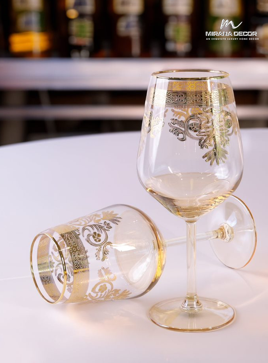 Azade Gold 450ml Wine Glasses With Embossed Gold Set of 6