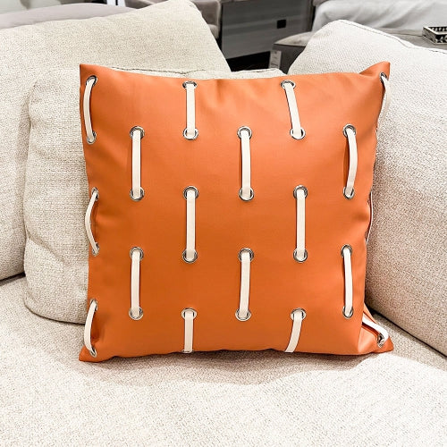 Modern Orange Faux Leather Cushion with Decorative Loop Straps 18*18