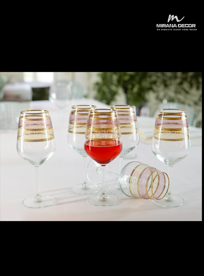 Gunesh Pink Gold Embossed 450ML Wine Glasses With Embossed Gold Set Of 6