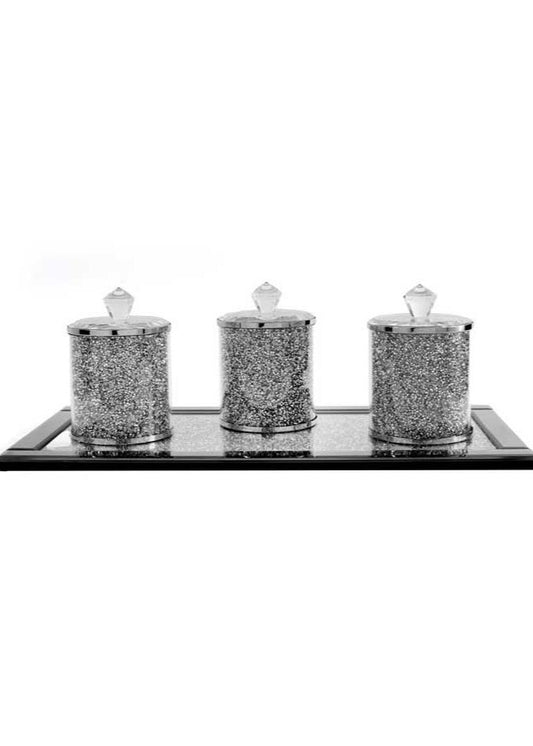 Set of 4 Sparky Glass Crushed Diamonds Canisters Set for Sugar Coffee Tea Features Tray