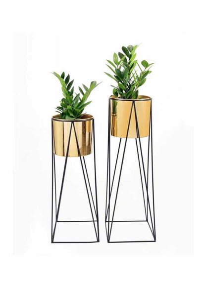 Tall Indoor Plant Stand With Planter Pot | Gold | Pack Of 2