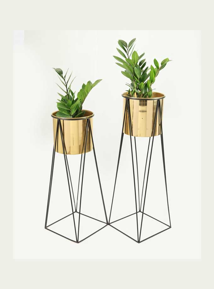 Tall Indoor Plant Stand With Planter Pot | Gold | Pack Of 2