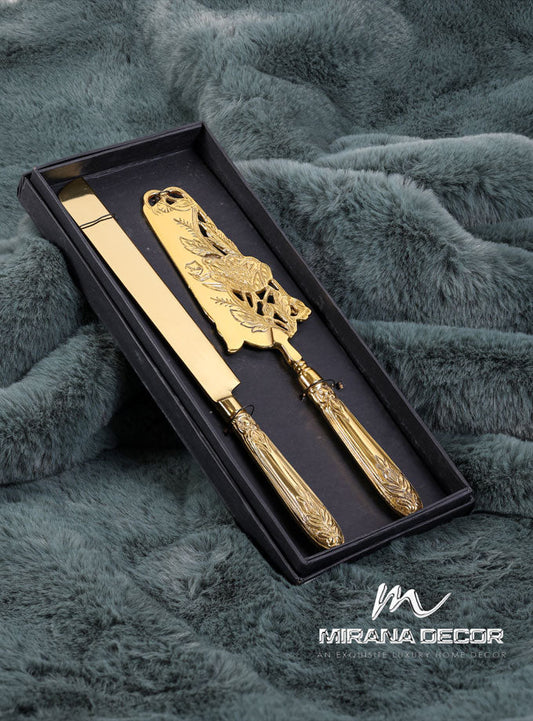 🎁 Assemblage Gold bass twig leaf cake knife & spatula set (Discount)