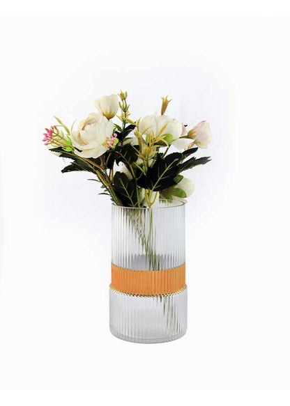 Gold Striped Modern Glass Vase, Hand Blown Smokey Gray Glass Vase