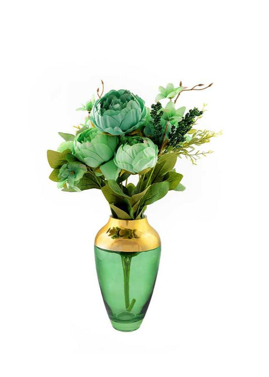 Flower Vase Glass Sea Green and Golden Ring Neck