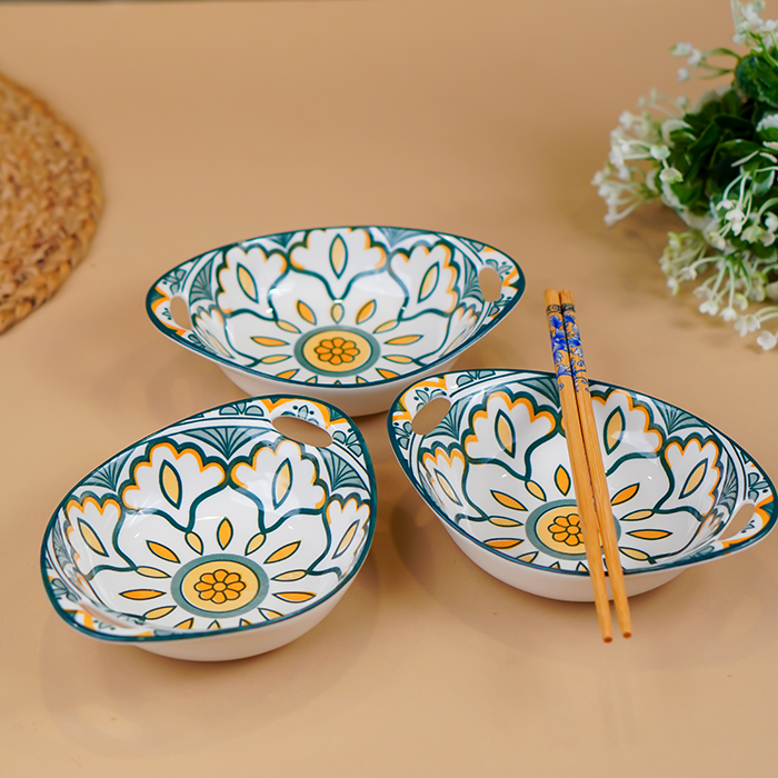 Green & Yellow Side Handles Ceramic Bowls