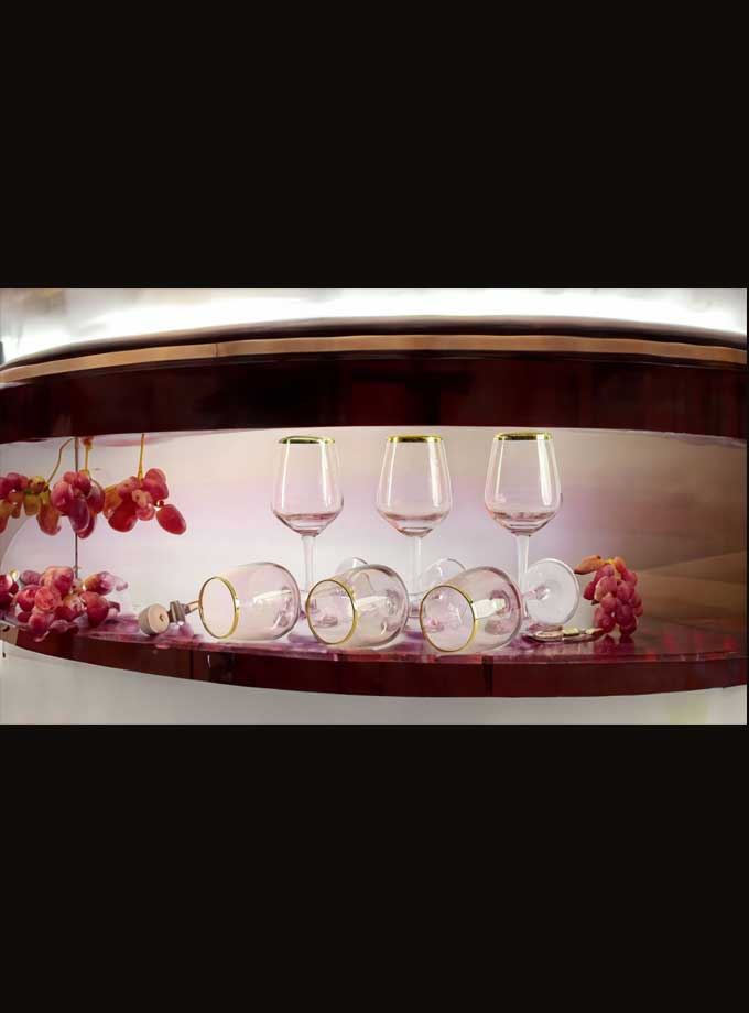 Pink Luster With Gold Line Set Of 6,330ml With Wooden Box Wine Glasses