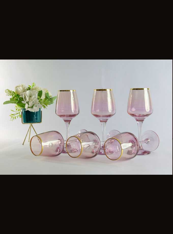 Pink Luster With Gold Line Set Of 6,330ml With Wooden Box Wine Glasses