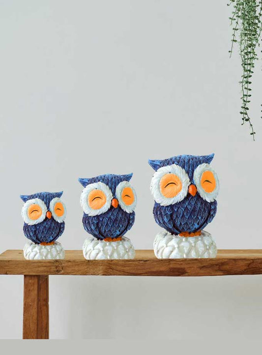 Cute Owls Statue Set of 3, Blue Resin